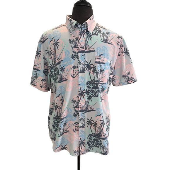 Huk Shirt Mens Large Fishing Boat Palm Trees Tropical Hawaiian Button Up - Picture 1 of 8